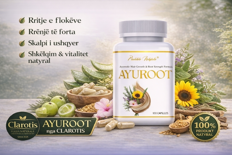 AYUROOT suplement bimor nga CLAROTIS, suplement per rritjen e flokeve, kapsula per rritjen e flokeve, suplement kunder renies se flokeve, vitamin per floket, suplement per floket e dobet, rritje natyrale e flokeve, suplement per forcimin e rrenjeve